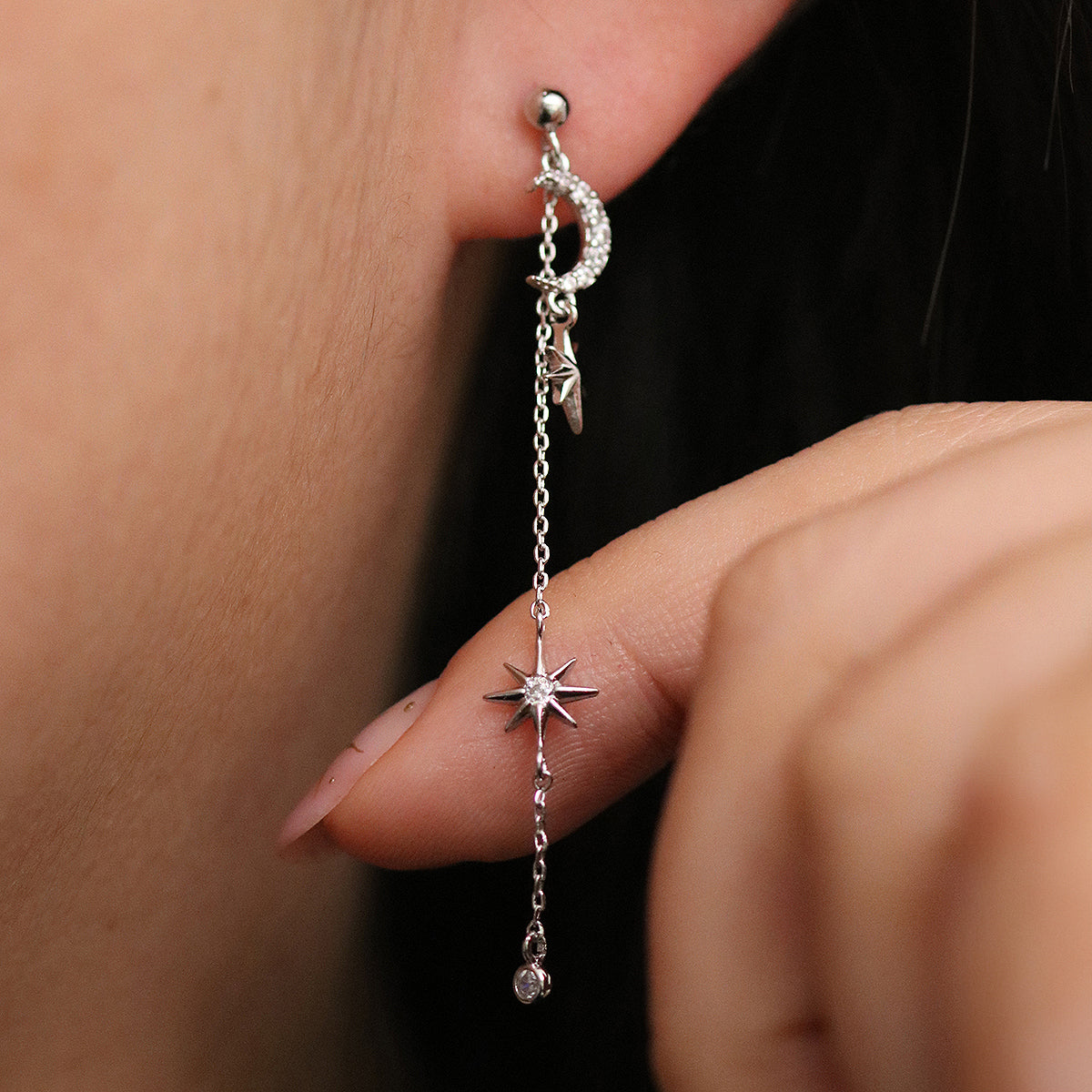 Cubic Moon Drop Chain Earrings-2