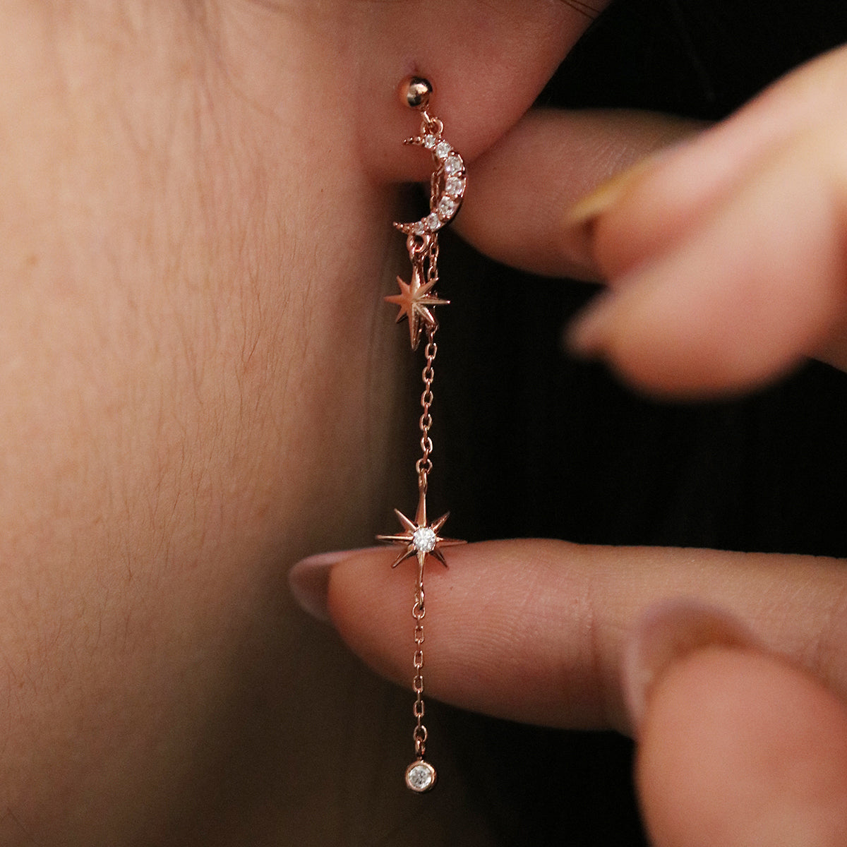 Cubic Moon Drop Chain Earrings-3